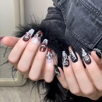 Ongles longs carrés faits à la main à pression, ombré rouge et noir, dégradé gothique mat, style vampire, esthétique sombre
