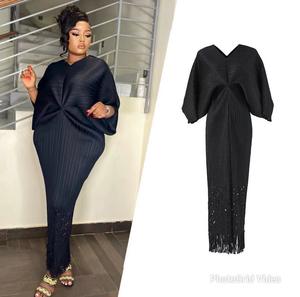 Robe longue plissée à imprimé floral de couleur unie grande taille XL avec manches chauve-souris creuses lâches et franges en queue de poisson décontracté teint en plaine - Product Image 5