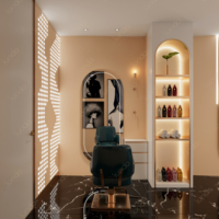 Comptoir de réception Sundo moderne imitation pierre pour salon de beauté ovale, salon de coiffure ou bar, comptoir de magasin en bois