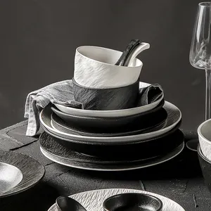 Black White Nordic Porcelain Plates Set Dinnerware Joy Ceramic Crockery Dinner Set For Tableware Restaurants Catering Hotels