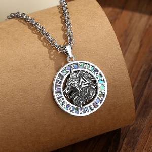 Collier pendentif vintage en argent sterling 925 avec tête de loup viking, runes nordiques celtiques anciennes, nacre de Changda - Product Image 4
