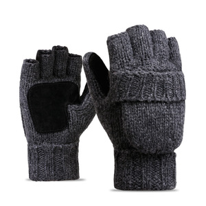 Personnalisé Hiver Femmes <span class=keywords><strong>Homme</strong></span> <span class=keywords><strong>Laine</strong></span> Épaisse Mitaines Ouvertes Demi Doigt Gants Chaud Flip Extérieur En Cuir Tricot Mitaines Douces - Product Image 5