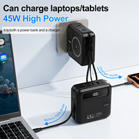 Cargador Portátil de 45W y 15000mAh con Cables Dobles Integrados, Pantalla LED, Carga USB-C PD, Diseño Ligero para Viajes