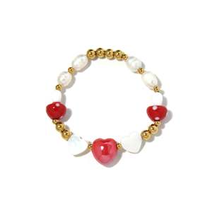 Fashion Beaded <b>Bracelet</b> With <b>Red</b> Heart And White Pearl Gold Plated Stainless Steel Sustainable Resistant Jewelry - Product Image 1