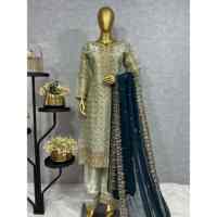 Ensemble haut et bas pour femme en soie fantaisie brodée avec dupatta vert marine, fabriqué en Inde