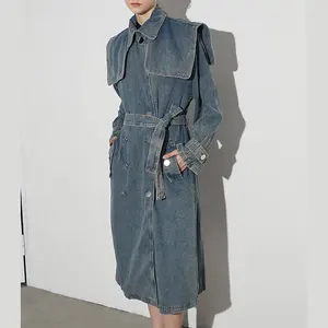 TWOTWINSTYLE Großhandel Vintage Patchwork Denim Mäntel Revers lange Ärmel Splitten Schnüre Doppelreihe Damenmäntel