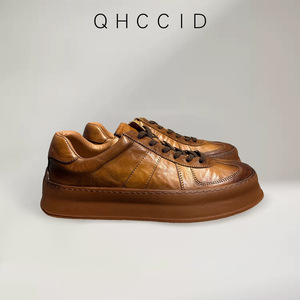 Men's Brown <b>Leather</b> <b>Sneakers</b> Low Top Chunky Sole Handmade Casual Shoes Mid Heel Daily Wear - Product Image 4