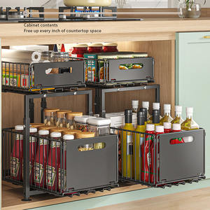 Double Tier Pull Metal Cabinet Organizer Adjustable Space-saving <b>Kitchen</b> <b>Storage</b> Undersink Spice Jar <b>Storage</b> Rack Slide Drawer - Product Image 2