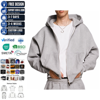 Hoodie court boxy pour homme, entièrement zippé, épaules tombantes, en molleton 500G, poignets côtelés sportifs, capuche double couche, style streetwear Y2K, décontracté et tendance