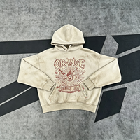 Sweat à capuche épais beige délavé style streetwear vintage Dirty Spray avec motif ORANGE JAM délavé au soleil pour homme et unisexe, vente en gros