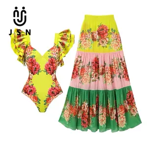 JSN对比印花一体式女式泳衣和纱笼2024新款褶边复古泳衣女性沙滩泳衣