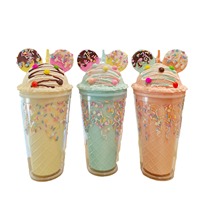 Tasse créative en verre à double couche en plastique pour fille et fille, tasse à cadeau exquise, tasse à crème glacée en plastique de 450ml avec paille