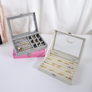 Boîte de rangement à bijoux en velours avec couvercle transparent anti-poussière, nouveau style, pour bagues, boucles d'oreilles, colliers - Product Image 5