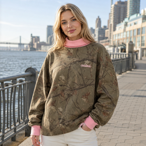 OEM Custom <b>Women's</b> Oversized Turtleneck Sweatshirt Cotton Vintage High Quality <b>Camo</b> Print Contrast Rib Casual Knit Pullover <b>Top</b> - Product Image 2
