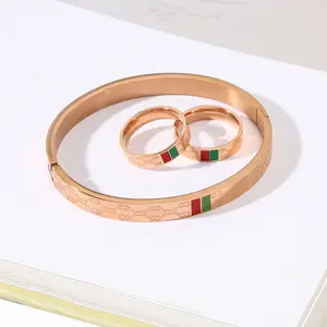 Fashion Titanium Steel Red and Green Bangles Plating Non-changing Female Double G Design Stainless Steel Bangles Bracelets