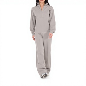 Venta al por mayor directa de fábrica, servicio OEM, logotipo personalizado, sudadera de media cremallera para mujer de 320 GSM 100% algodón y pantalones holgados de pierna ancha. - Product Image 1