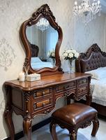 Ensemble coiffeuse de chambre antique en bois massif sculpté à la main, marron, avec tabouret en cuir, style européen luxueux et orné