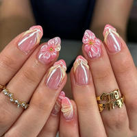 Faux ongles à presser 3D motif fleur blancs style français courts carrés 24 pièces, fabriqués à la machine et semi-artisanaux, vente en gros