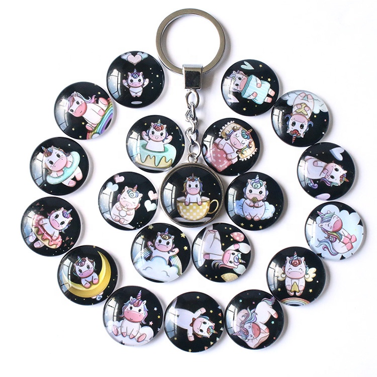 Оптовая продажа, изготовленный на заказ, дизайнерский круглый двухсторонний брелок с изображением единорога из хрустального стекла, 25 мм