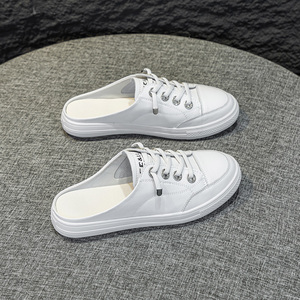 Chaussures plates à enfiler pour femmes, été 2026, en cuir véritable, respirantes, légères, à talon ouvert, baskets blanches - Product Image 6