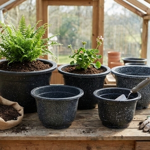 OEM Heavy Duty Round PP <b>Plastic</b> Flower Pot with Speckled Stone Appearance, Injection Molded Garden Nursery <b>Planter</b>, Lightweight - Product Image 2
