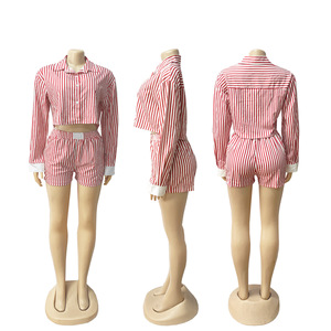 Set baju wanita lengan panjang, setelan baju dan celana pendek lengan panjang motif garis-garis, pakaian wanita 2025 - Product Image 3