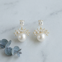 Boucles d'oreilles clous en forme de goutte d'eau avec couronne en CZ et perle pour femme, plaqué or 14K, laiton, CZ marquise, élégantes, luxueuses, sans nickel, personnalisables OEM