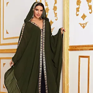 Luxury Women Muslim Dubai Moroccan Robe Kaftan Abaya Style Embroidery Long Gown Hooded Cloak