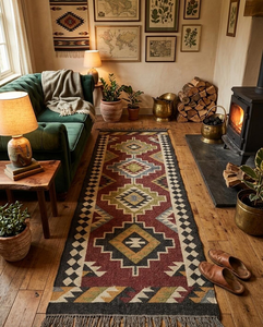 Tapis tribal du sud-ouest en laine et jute tissé à la main |   Tapis de couloir géométrique Kilim pour un style de décoration intérieure bohème et rustique - Product Image 2