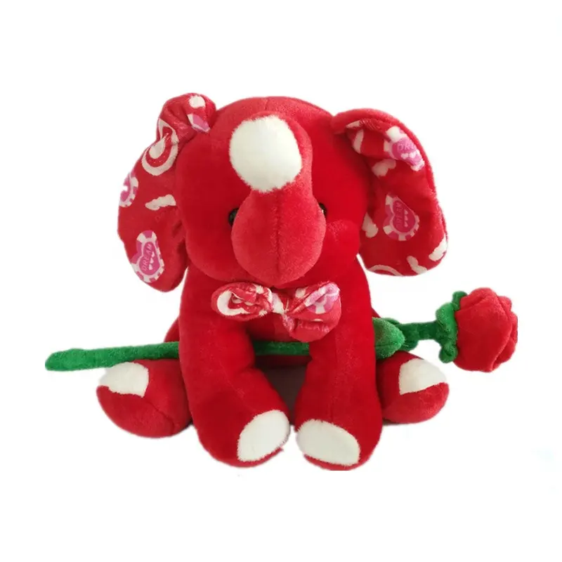 Belle peluche rouge personnalisée pour la Saint Valentin Grandes oreilles Eléphant en peluche Jouets en peluche avec une rose