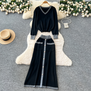 ชุดถักแบบหลวมสำหรับผู้หญิงชุด2ชิ้นกระโปรงกระดุมแถวเดียวคอวี - Product Image 3