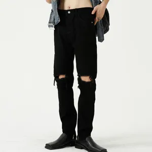 Pantalones vaqueros de estilo coreano para hombre, Jeans ajustados desgastados negros rasgados japoneses