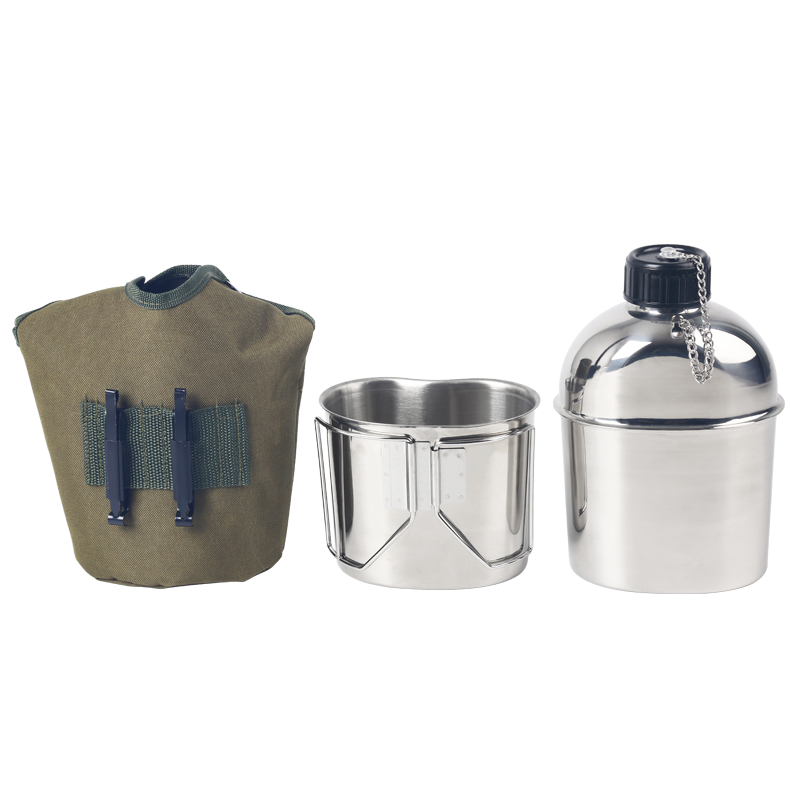 Outdoor 304 Stainless Steel Canteen Mess Kit with Pouch Cover Bag 1.2L Canteen With Cup