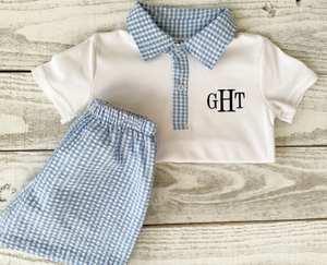 Monogrammed Baby <strong>Boy</strong> Summer Polo Shirt Shorts Set Kids White T Shirt Gingham Seersucker Shorts Children Beach Two Piece Set <strong>2026</strong> - Product Image 5