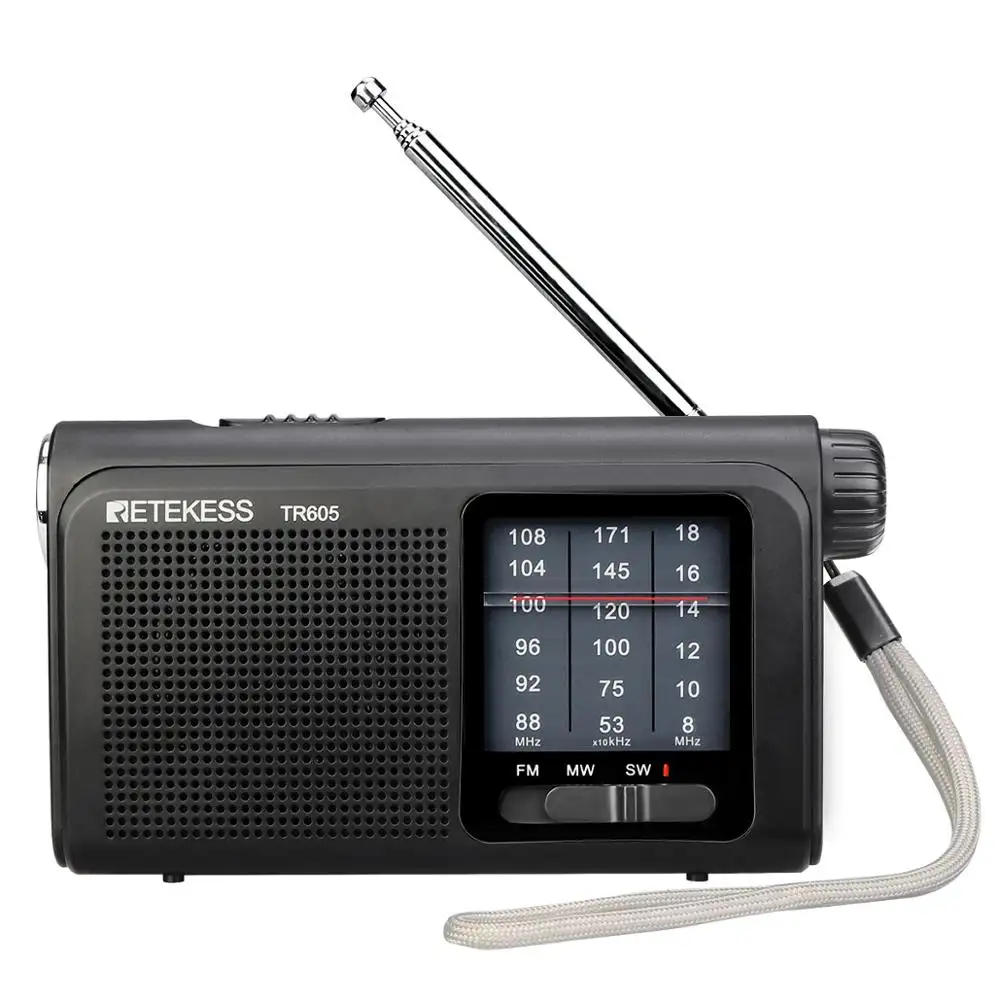 FM MW SW Penerima Radio 3 Band Portabel, dengan Senter Darurat Baterai Isi Ulang Retekess TR605