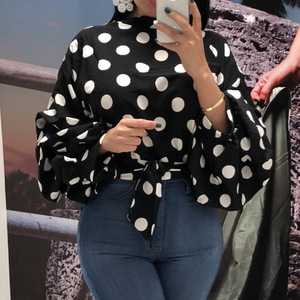 Abbigliamento Donna Primavera Autunno, Camicia Sexy a Pois con <span class=keywords><strong>Maniche</strong></span> a Sbuffo, Bluse e Top Corti da Donna, <span class=keywords><strong>Maniche</strong></span> <span class=keywords><strong>Lunghe</strong></span> - Product Image 1