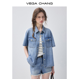 Ensemble deux pièces en denim bleu clair VEGA CHANG pour femmes, chemise à manches courtes et short en denim à ourlet effiloché, <span class=keywords><strong>tenue</strong></span> décontractée - Product Image 5