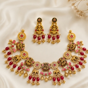 Elegante conjunto de collar y aretes de plata 925 con cuentas rojas y rosas, joyería nupcial india tradicional para mujeres. - Product Image 2