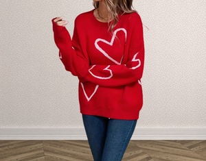 Women Round Neck Heart Pattern Knit Sweater <strong>Valentine</strong> Contrast Color Loose Pullover <strong>Jumper</strong> Casual Long Sleeve Tops - Product Image 1