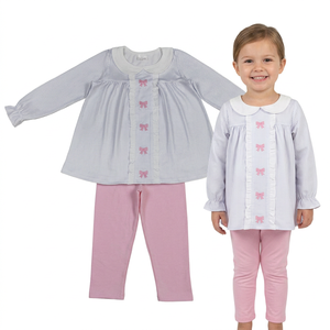 Ensemble de vêtements pour bébés filles, manches longues, broderie, nœuds, rayures, pantalon legging rose - Product Image 1