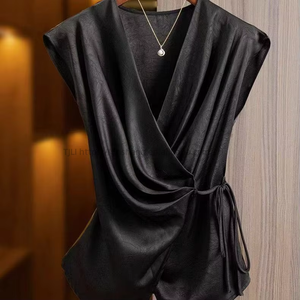 Women's Satin Wrap Front <b>Top</b> Sleeveless V-Neck Tie-Waist Casual Blouse Shirt Fashion - Product Image 2