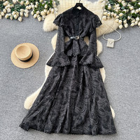 Robe longue élégante pour femme WIWT, rose, en dentelle, coupe trapèze, col montant, manches longues évasées, ceinturée, taille haute, décontractée, pour soirée
