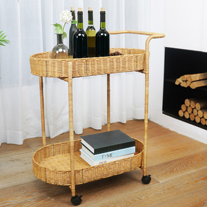 Carrito de Bebidas de Ratán de Doble Capa con 4 Ruedas Giratorias, Carrito de Hotel Color Caqui - Product Image 1