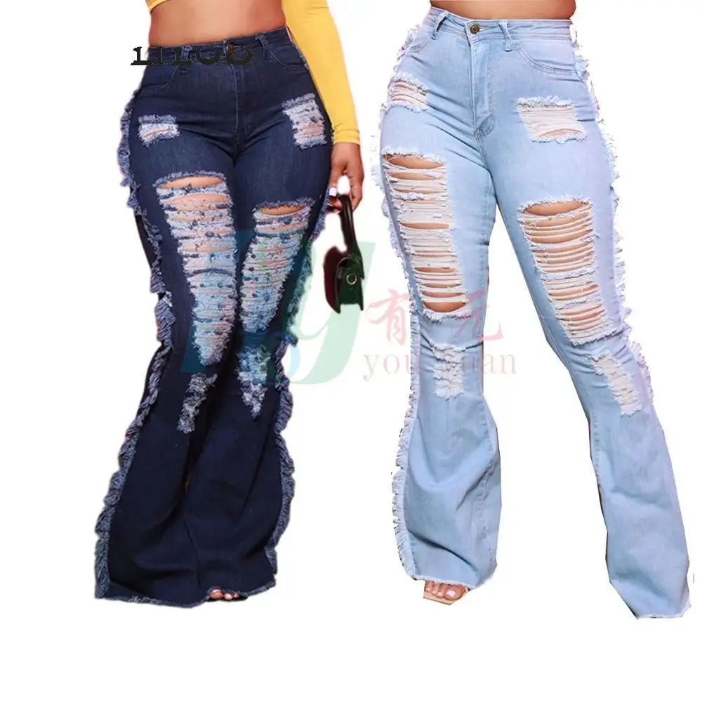 Hot Sale Plus Size Women Ripped Skinny Denim flared Jeans Long Pants Lady Trousers Clothing trousers pants for women