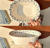 Ensemble de bols en céramique bleus à fleurs de style américain rétro pour salade/yaourt/soupe, design ovale type baignoire, idéal pour le camping