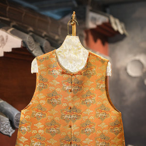 Gilet original pour femme haut de gamme en soie de mûrier et brocart Song, doré, à col rond, à simple boutonnage, style chinois, grande taille 5839 - Product Image 2