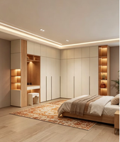 Système de dressing moderne et minimaliste, armoire de chambre avec coiffeuse intégrée et étagères ouvertes à éclairage LED