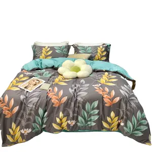 plant spring leaf print Two-color stitching Premium comfortable bedding 100% cotton Household four-piece set bed linings