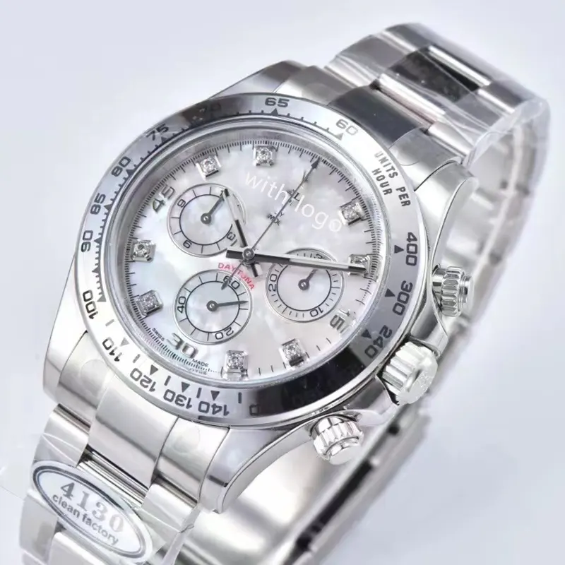 116509 Automatic 40MM Clean Factory 4130 Chronograph Movement moissanite mother of pear white Gold Case 904L Men's watch