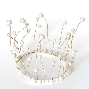 Metal Pearl Princess Crown Cake Topper Artificial Pearls Headdress Wedding Cake Decorating Baby Shower Birthday Topper Handmade